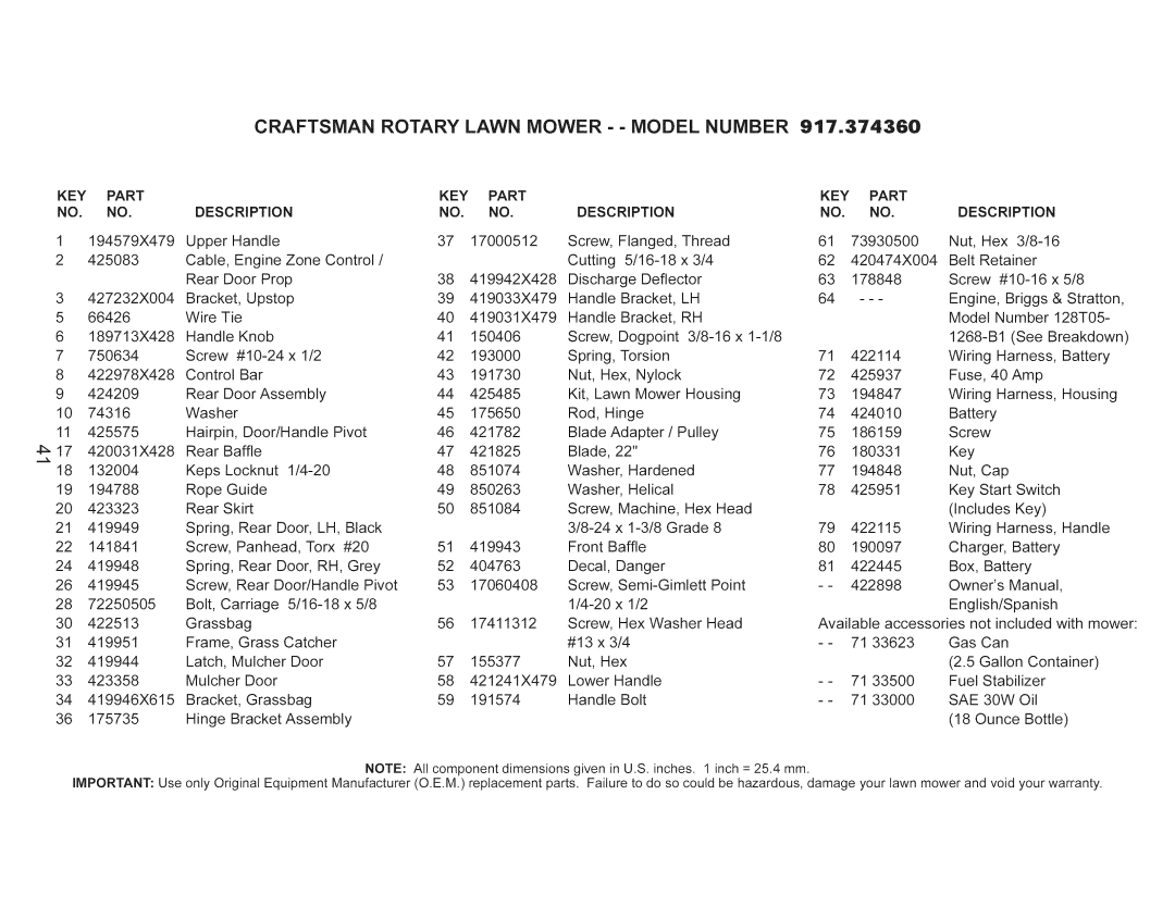 Craftsman 917.374360 owner manual Craftsman, KEY Part, Description 