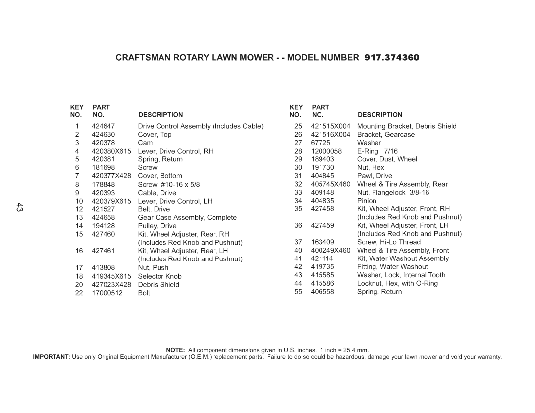 Craftsman 917.374360 owner manual Key, Part 