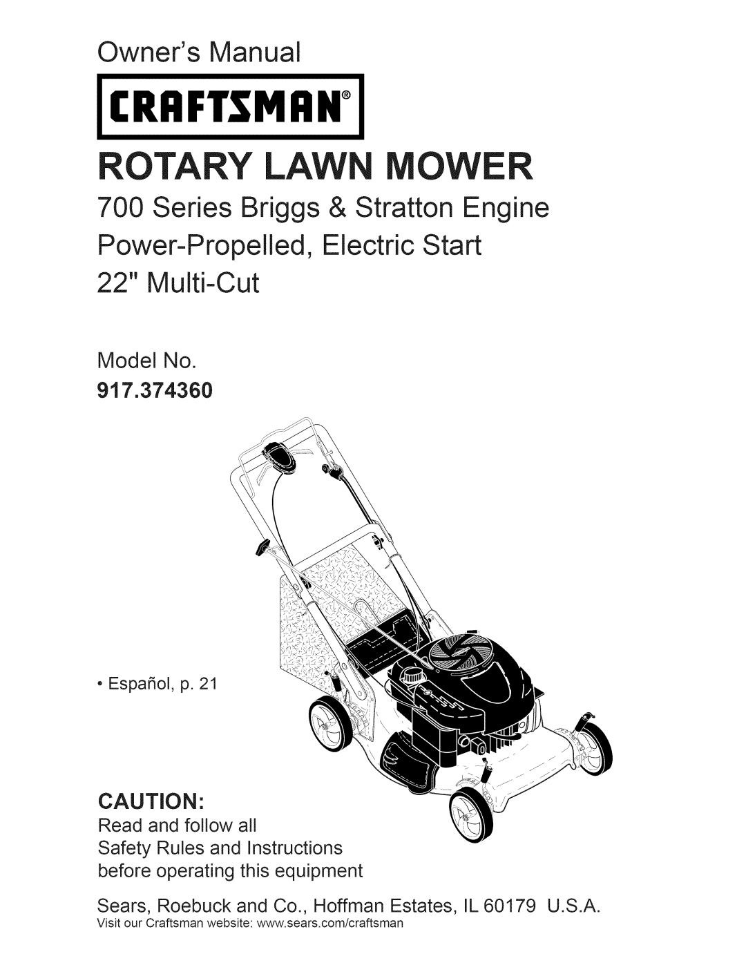 Craftsman owner manual Model No 917.374360, Craftsman, Rotary Lawn Mower, Owners Manual 
