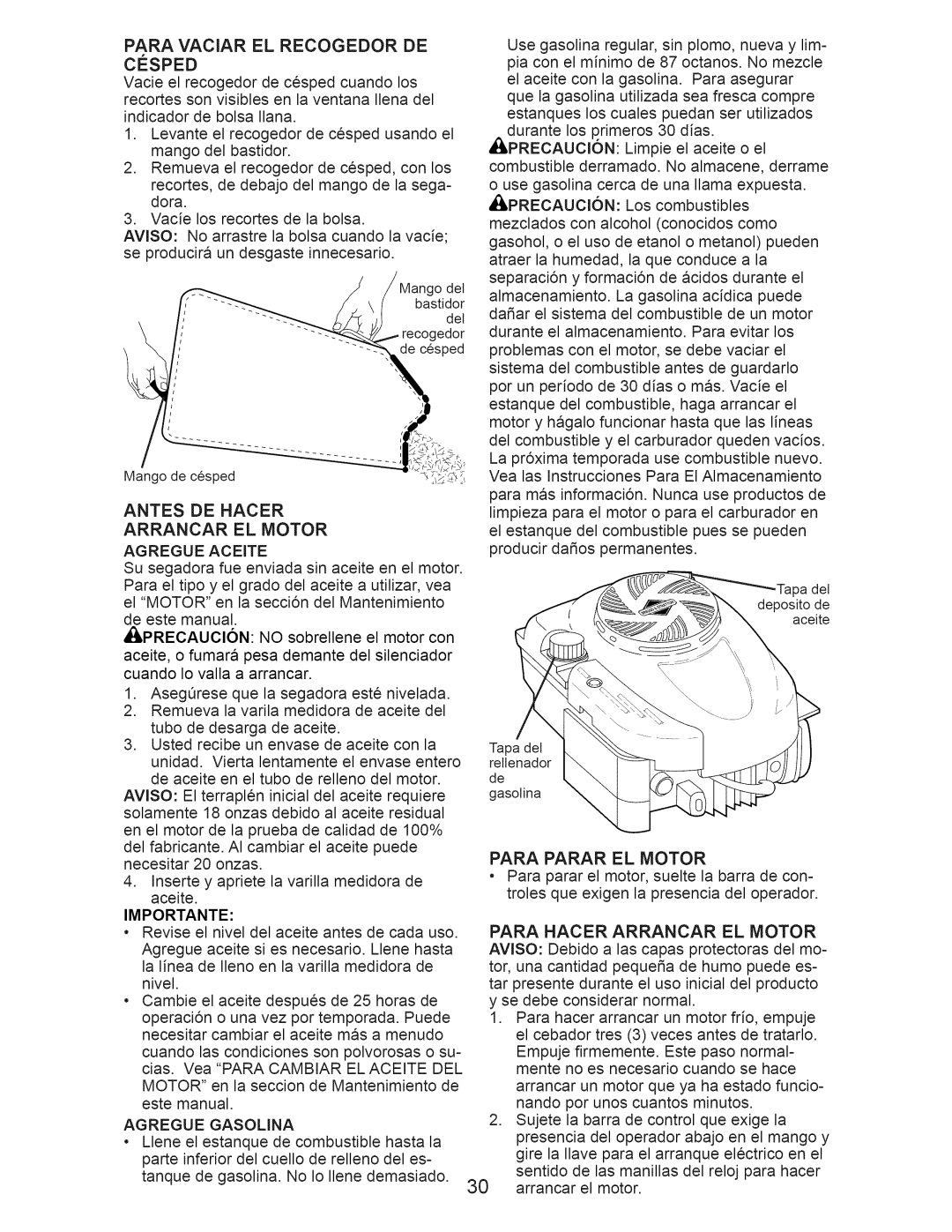 Craftsman 917.374360 owner manual Antes De Hacer Arrancar El Motor, Para Parar El Motor 