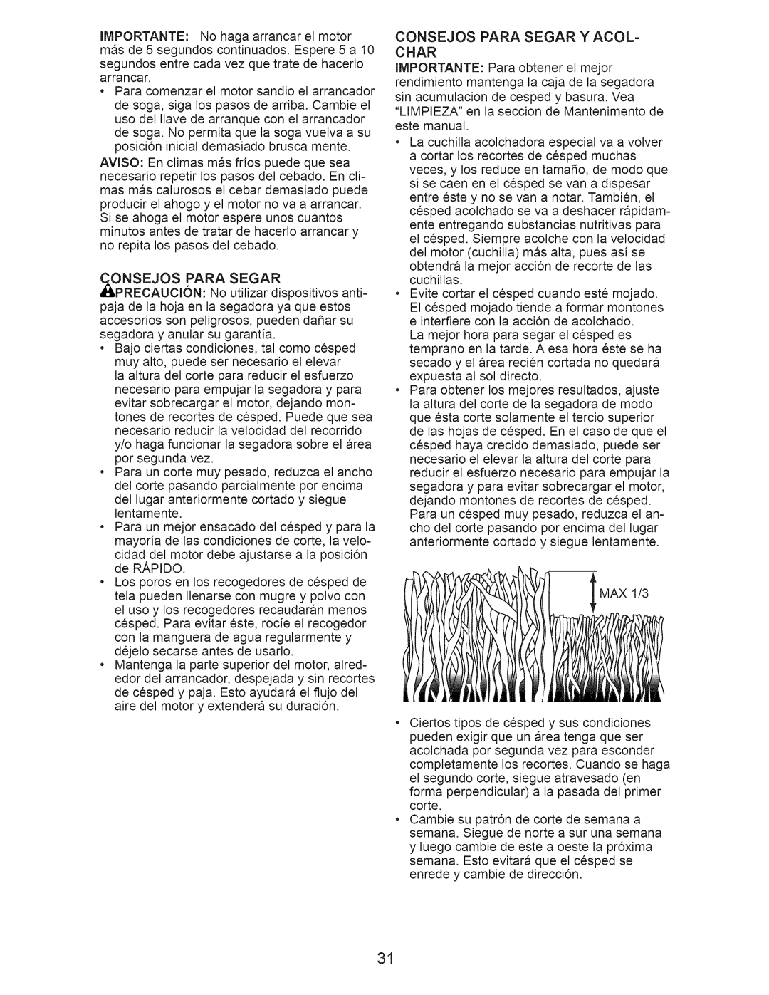 Craftsman 917.374361 owner manual Onsejos Para Segar, Consejos Para Segar Y ACOL- Char 