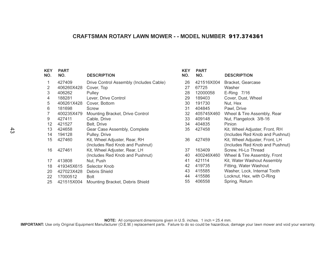 Craftsman 917.374361 owner manual Craftsman Rotary Lawn Mower - Model Number 917o37436t, KEY Part Description 