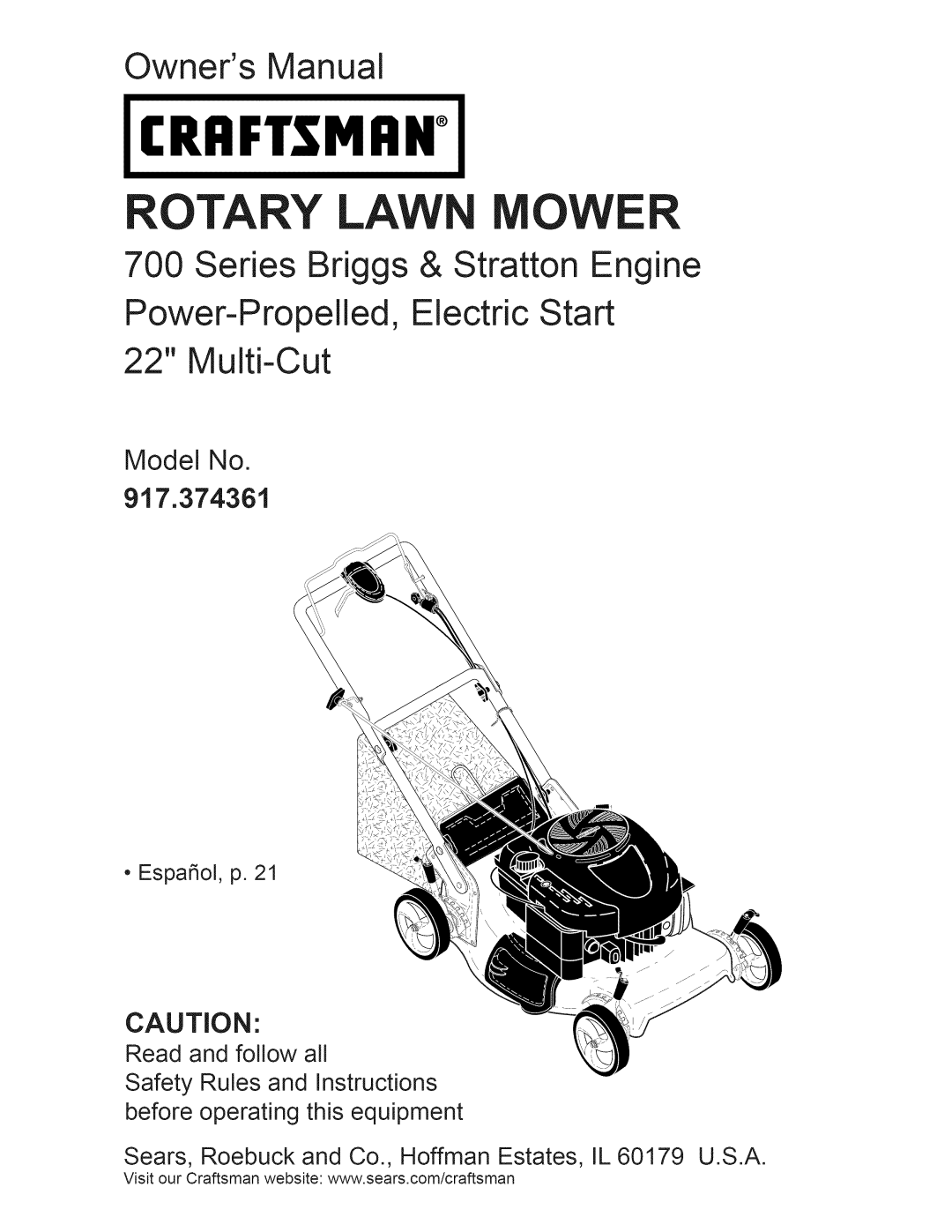 Craftsman owner manual Model No 917.374361, Craftsman, Rotary Lawn Mower, Owners Manual 