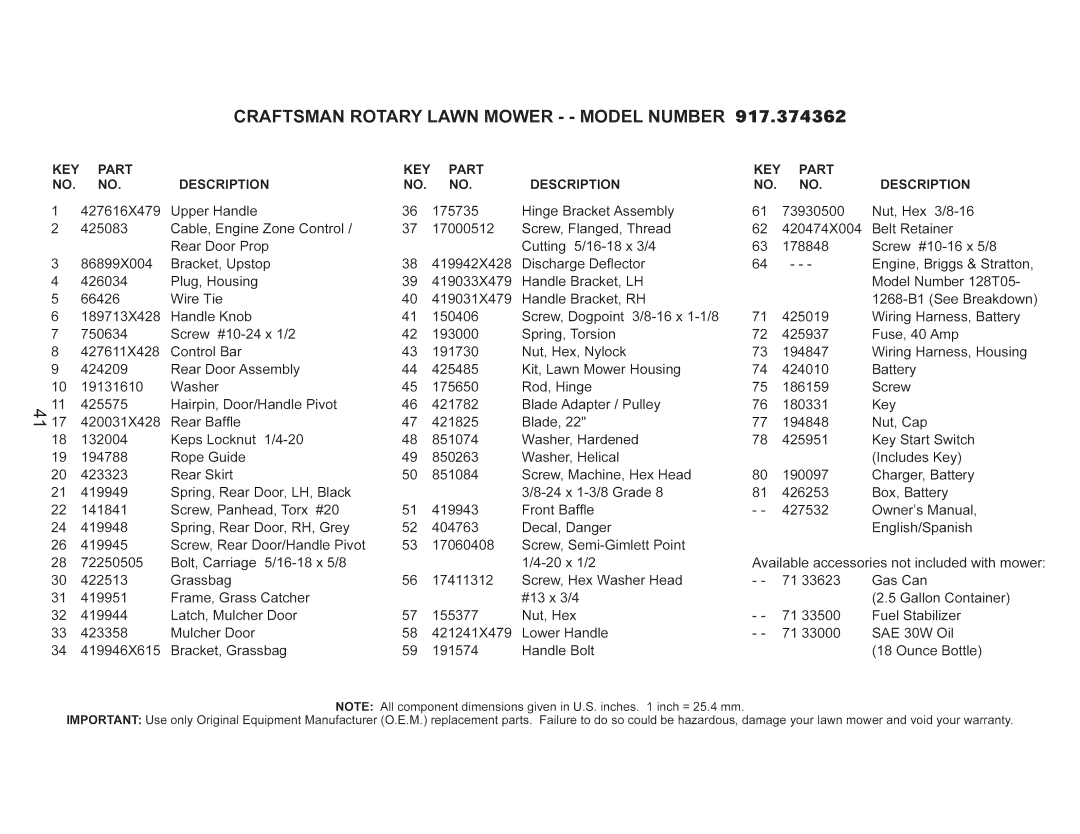 Craftsman 917.374362 manual Craftsman, KEY Part, SAE 30W 