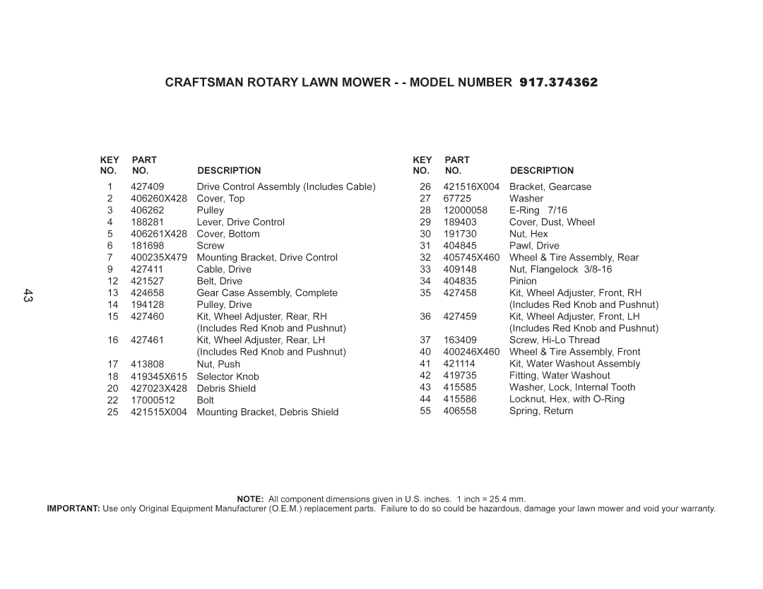 Craftsman 917.374362 manual Craftsman Rotary Lawn Mower - Model Number 917o374362, KEY Part Description 