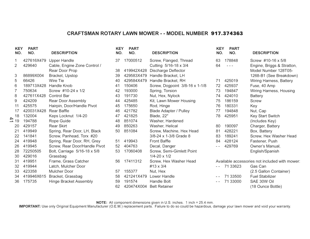 Craftsman 917.374363 manual Craftsman, KEY Part Description, SAE 30W 