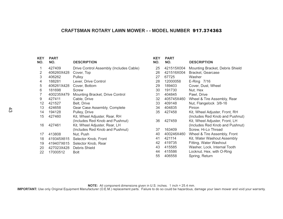 Craftsman 917.374363 manual Craftsman Rotary Lawn Mower - Model Number 917o374363, Key 