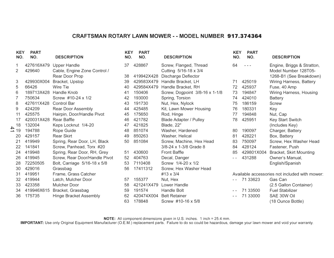 Craftsman 917.374364 manual Craftsman, KEY Part Description, SAE 30W 