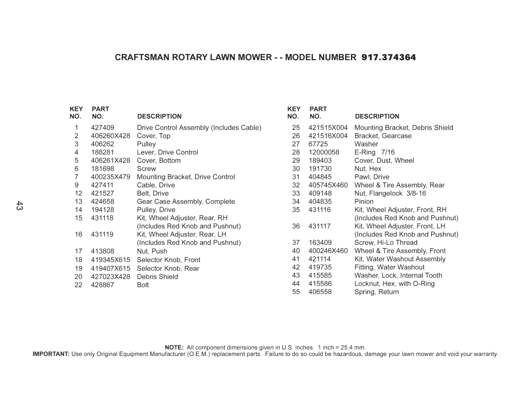 Craftsman 917.374364 manual Craftsman Rotary Lawn Mower - Model Number 917o374364, Key 