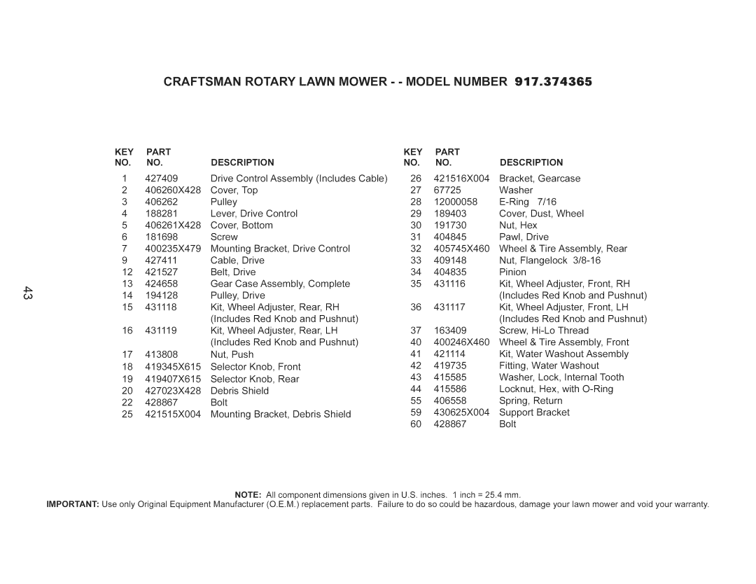 Craftsman 917.374365 owner manual Craftsman Rotary Lawn Mower - Model Number 917o374365, Key 