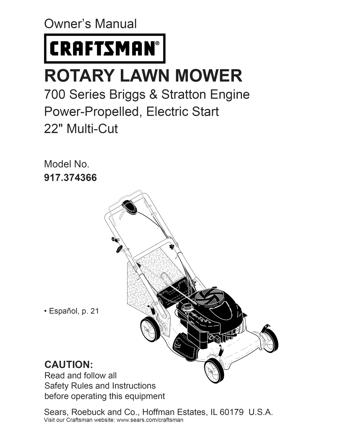 Craftsman 700 Series owner manual Model No, Craftsman, Rotary Lawn Mower, Owners Manual, Series Briggs & Stratton Engine 