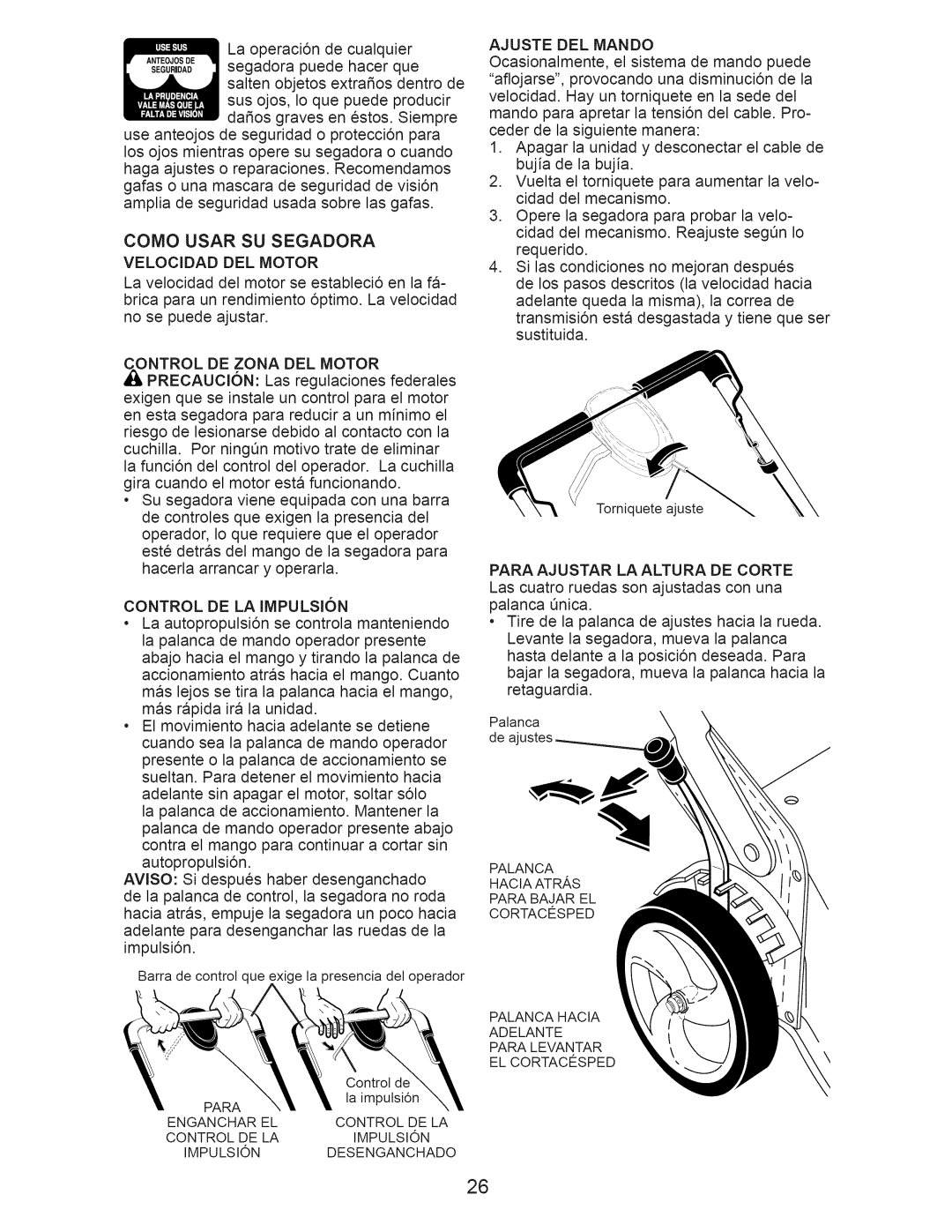 Craftsman 917.374540 Como Usar SU Segadora, Velocidad DEL Motor, Control DE LA IMPULSI6N, Impulsidn, Ajuste DEL Mando 