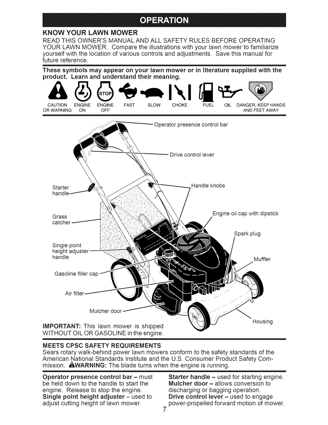 Craftsman 917.374540 owner manual Know Your Lawn Mower, Meets Cpsc Safety Requirements 