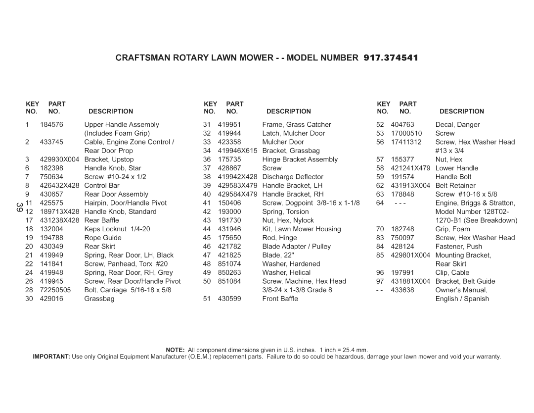 Craftsman 917.374541 owner manual Key, Part, Description 