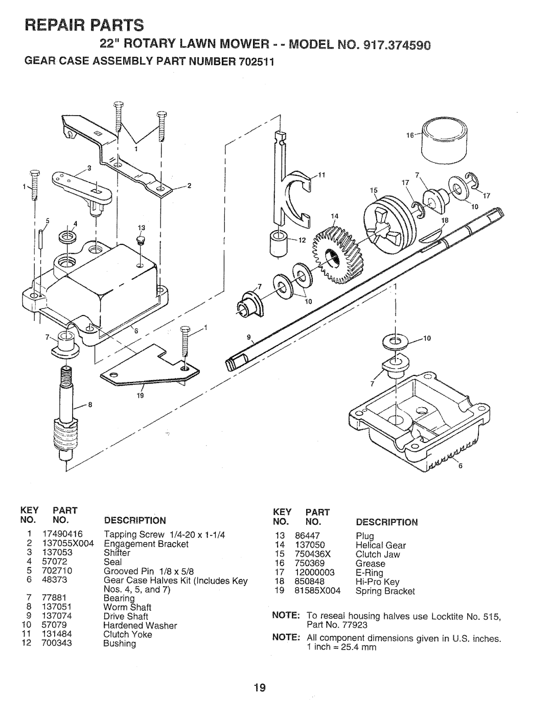 Craftsman 917.37459 owner manual Gear Case Assembly Part Number, KEY Part Description 