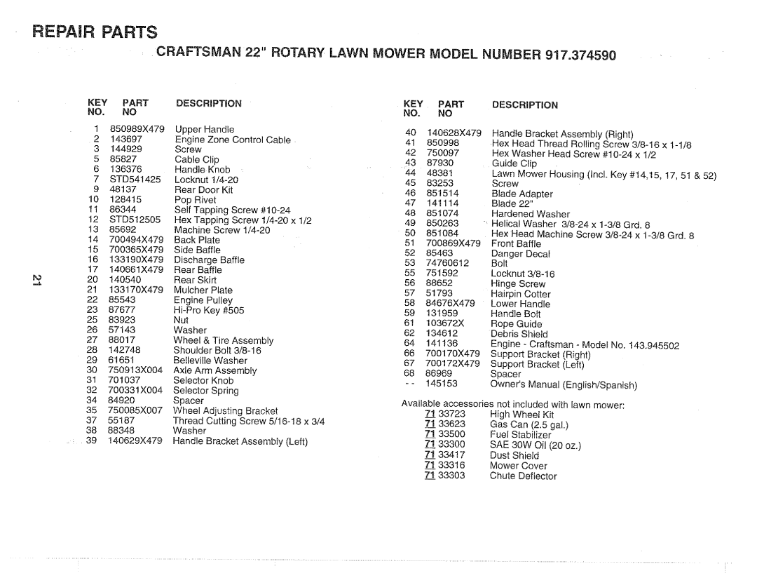 Craftsman 917.37459 owner manual KEY Part Description 