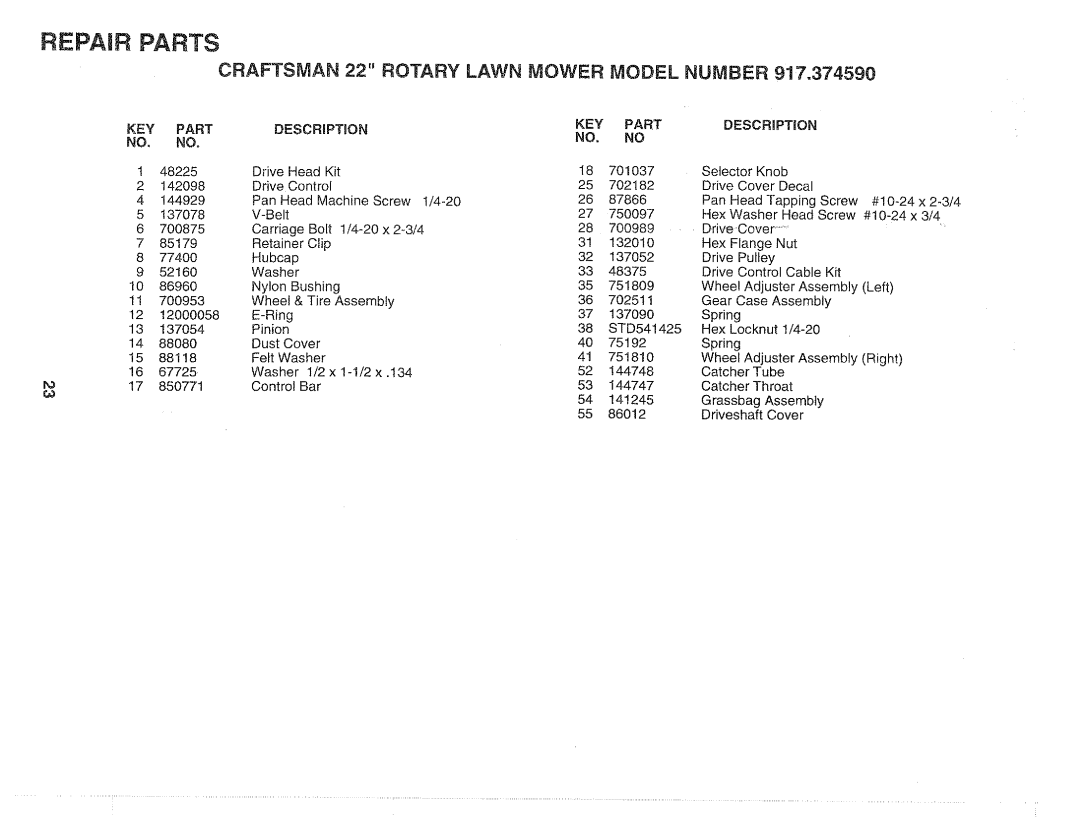 Craftsman 917.37459 owner manual Craftsman 22 Rotary Lawn Mower Model Number, Key, Descrmptjon 