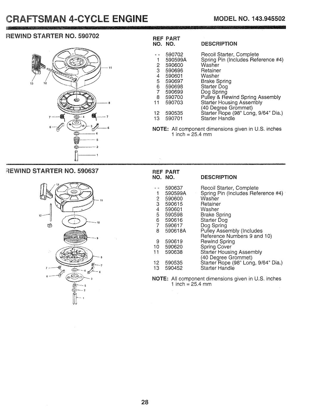 Craftsman 917.37459 owner manual Rewind Starter no REF Part, REF Part Description 