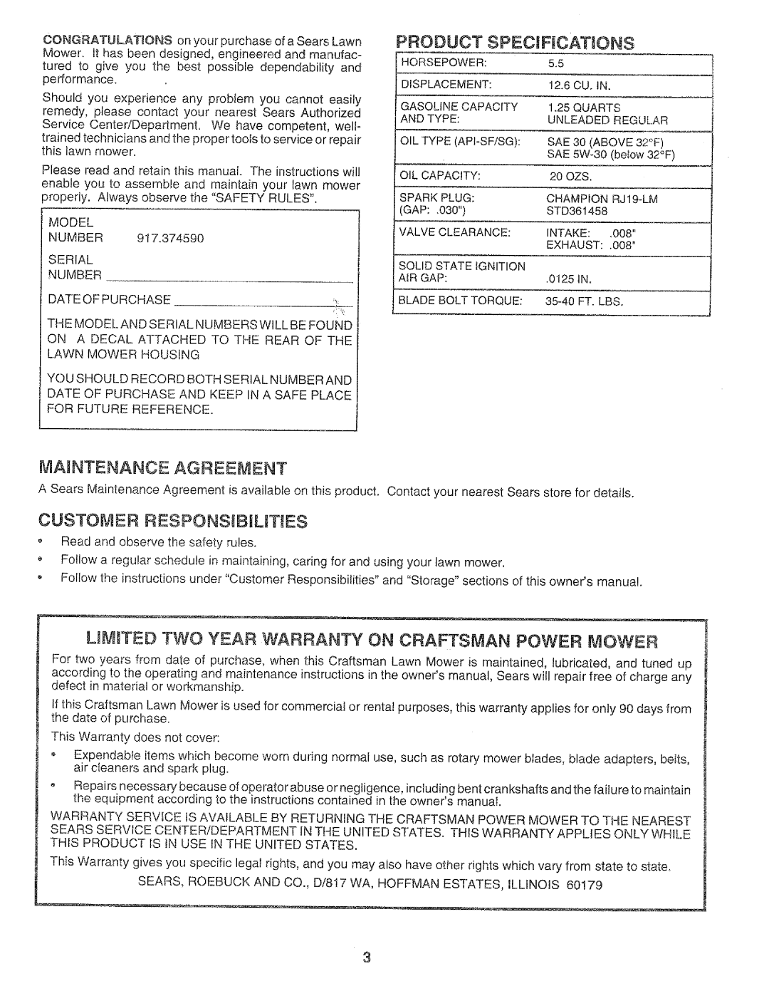 Craftsman 917.37459 Maintenance Agreement, Customer Respons Bilities, TED TWO Year Warranty on Craftsman Power Mower 