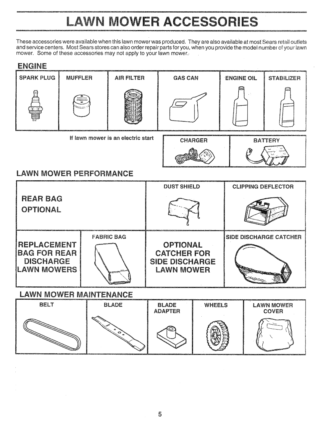 Craftsman 917.37459 owner manual Lawnaccessori, Engine, Lawn Mower Performance, Rear BAG Optional, Maintenance 