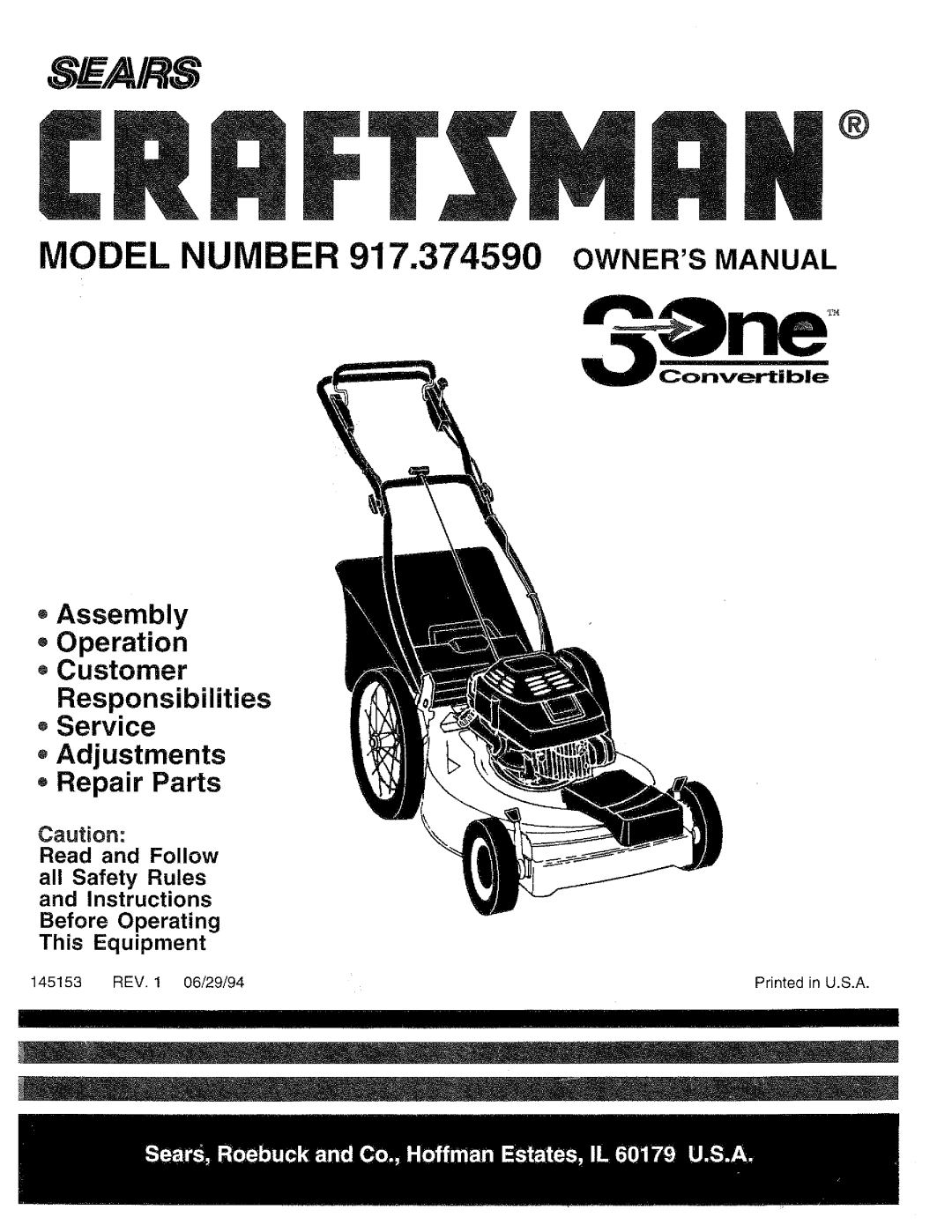 Craftsman 917.37459 owner manual Assembly Operation Customer Responsibilities, Service Adjustments Repair Parts, Sears 