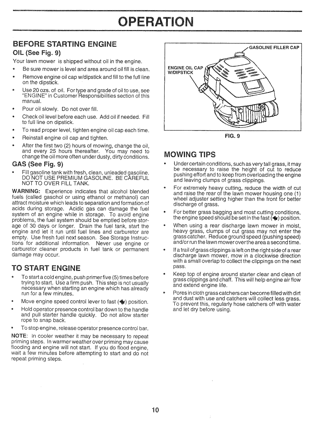Craftsman 917.37459 owner manual Operation, Before Starting Engine, To Start Engine, Mowing Tips, GAS See Fig 