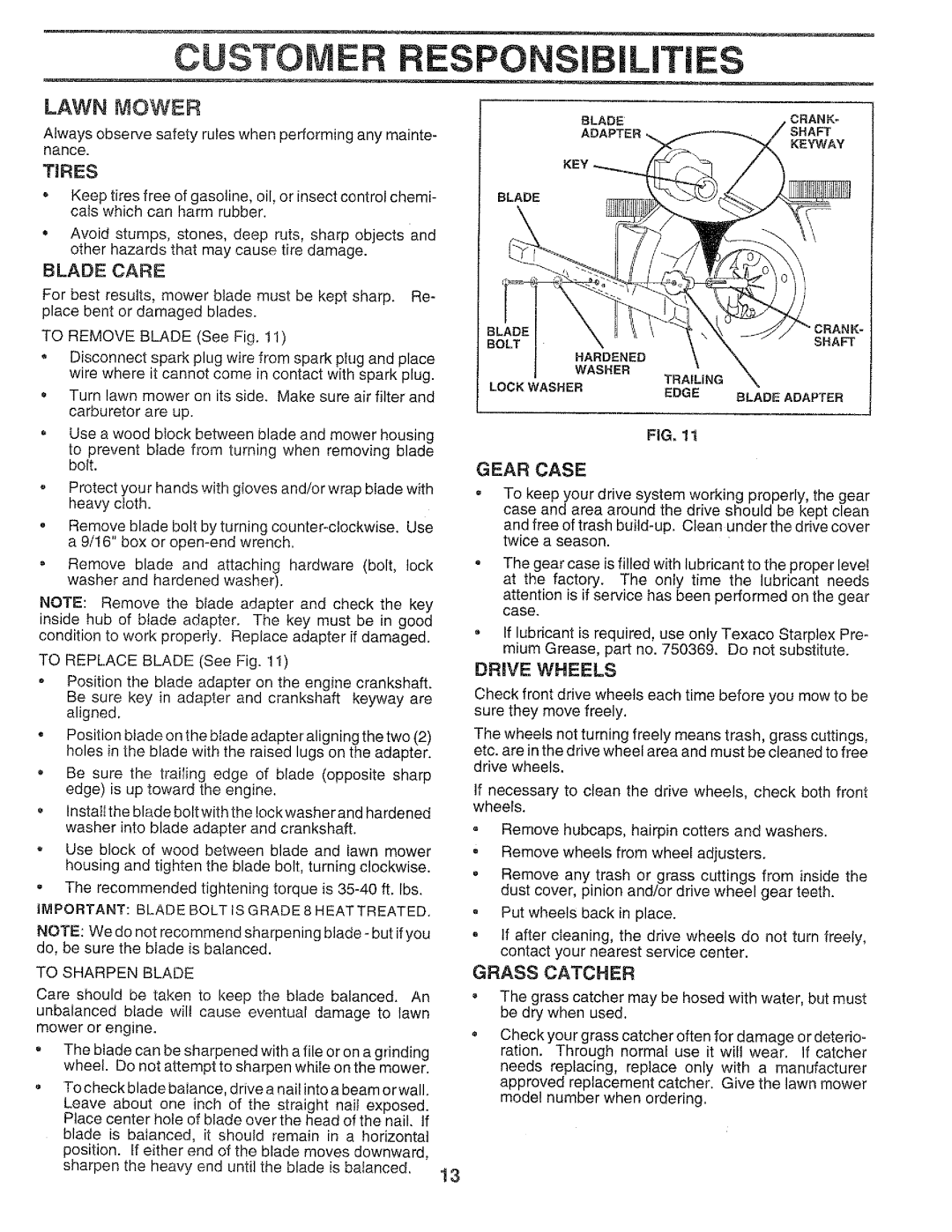 Craftsman 917.37459 owner manual Customer Respons Bilities, Lawn Mower, Tires, Gear Case 