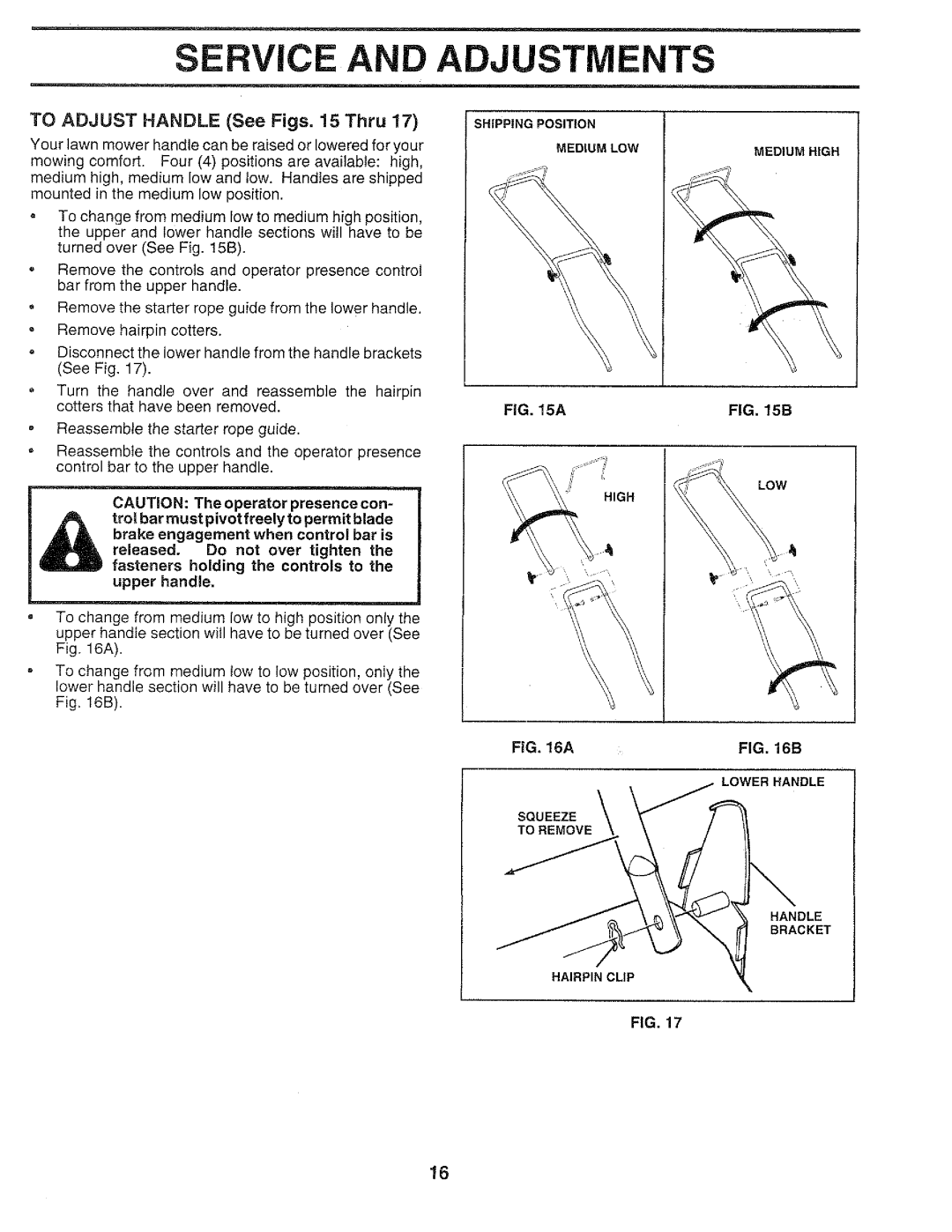 Craftsman 917.37459 owner manual Ervice And Adjustments, TO ADJUST HANDLE See Figs. 15 Thru 