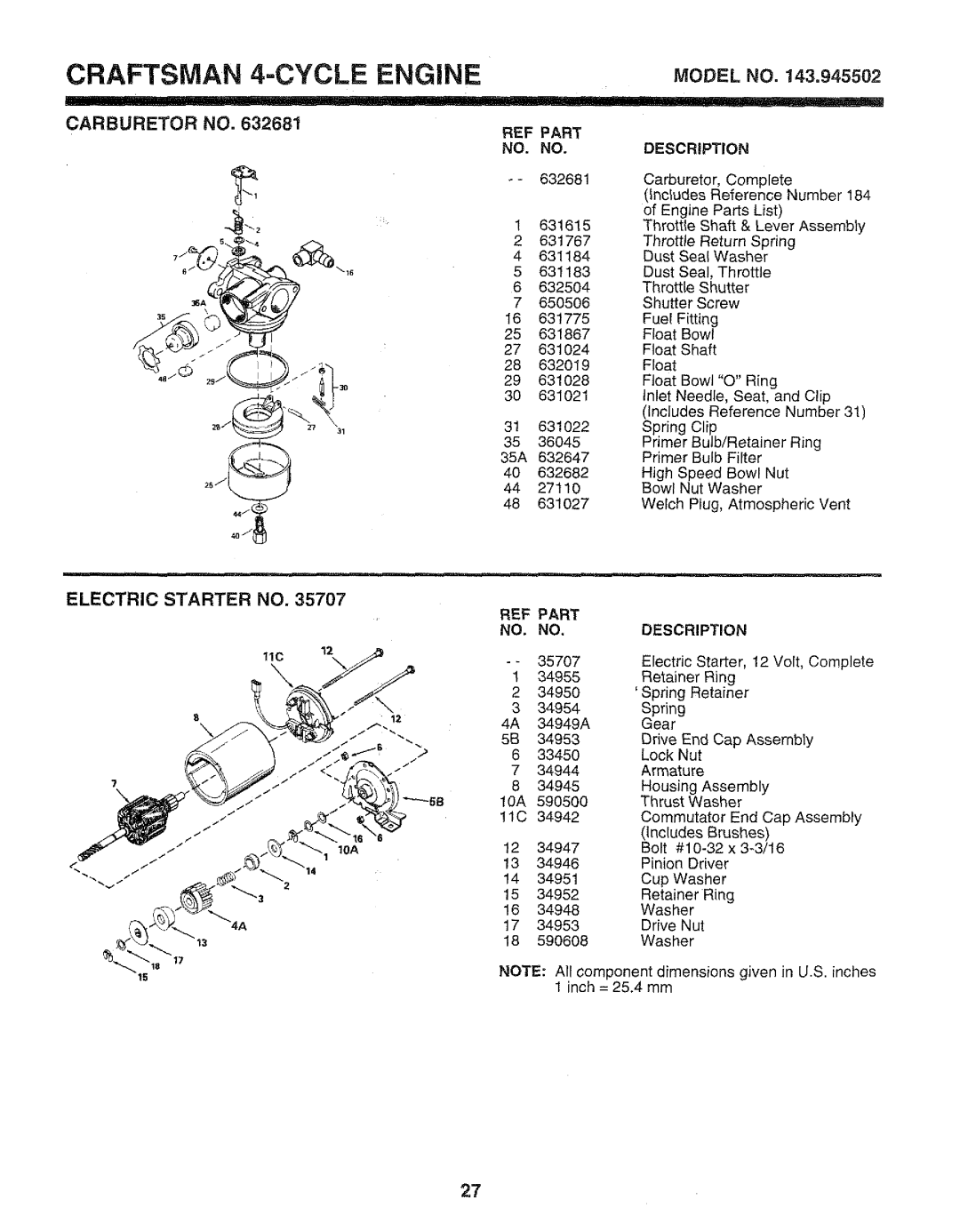 Craftsman 917.37459 owner manual Craftsman, 4=CYCLE ENGINE, MODELNO.143.945502, Carburetor, 632681, Electric Starter No 