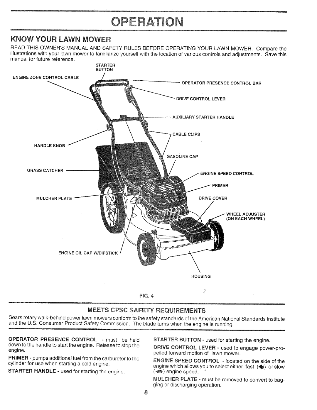 Craftsman 917.37459 owner manual Know Your Lawn Mower, Operation, Meets Cpsc Safety Requnrements 