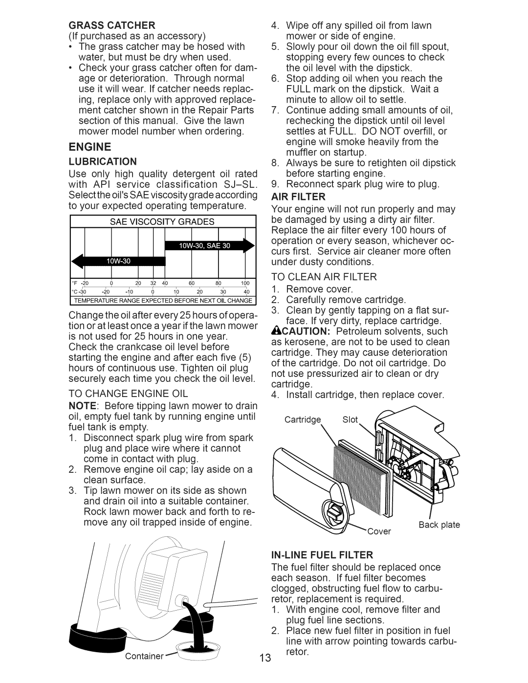 Craftsman 917.375010 owner manual To Change Engine OIL, To Clean AIR Filter, IN-LINE Fuel Filter 