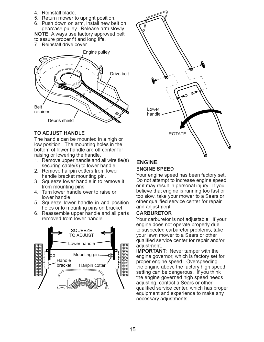 Craftsman 917.375010 owner manual Carburetor, To Adjust Handle, To Adjust Squeeze, Rotate, Engine Speed 