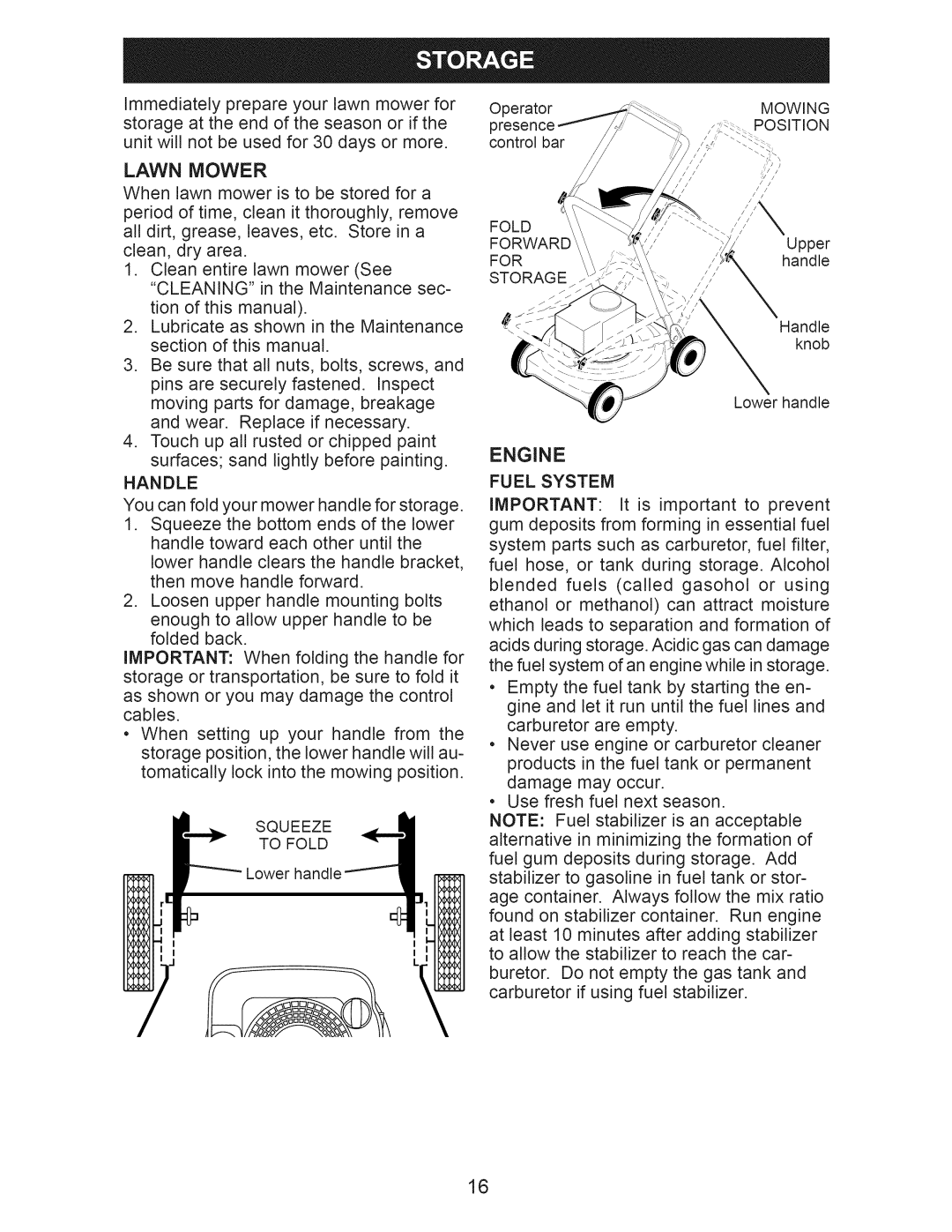 Craftsman 917.375010 owner manual Handle, Fuel System, Squeeze To Fold, Storage 