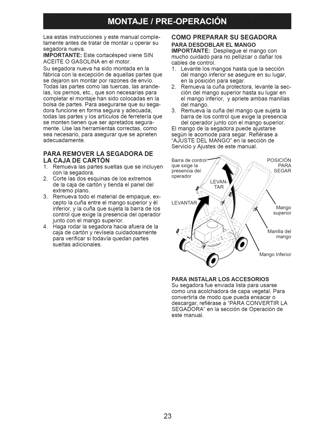 Craftsman 917.375010 owner manual Para Remover LA Segadora DE LA Caja DE Carton, Para Instalar LOS Accesorios 