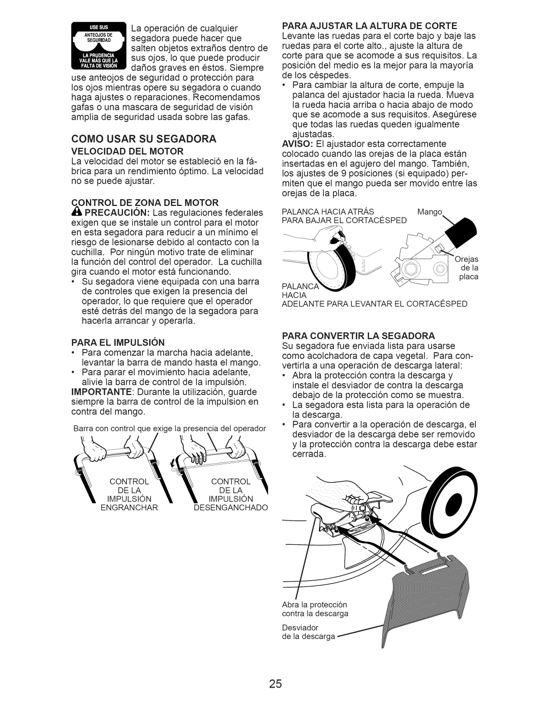 Craftsman 917.375010 owner manual Como Usar SU Segadora, Velocidad DEL Motor 