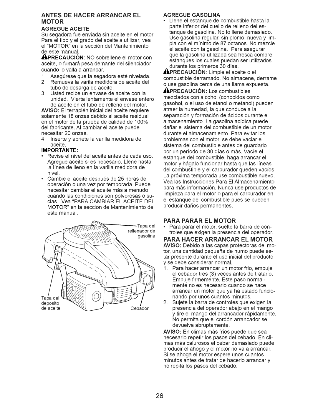 Craftsman 917.375010 owner manual Antes DE Hacer Arrancar EL, Para Parar EL Motor, Importante 