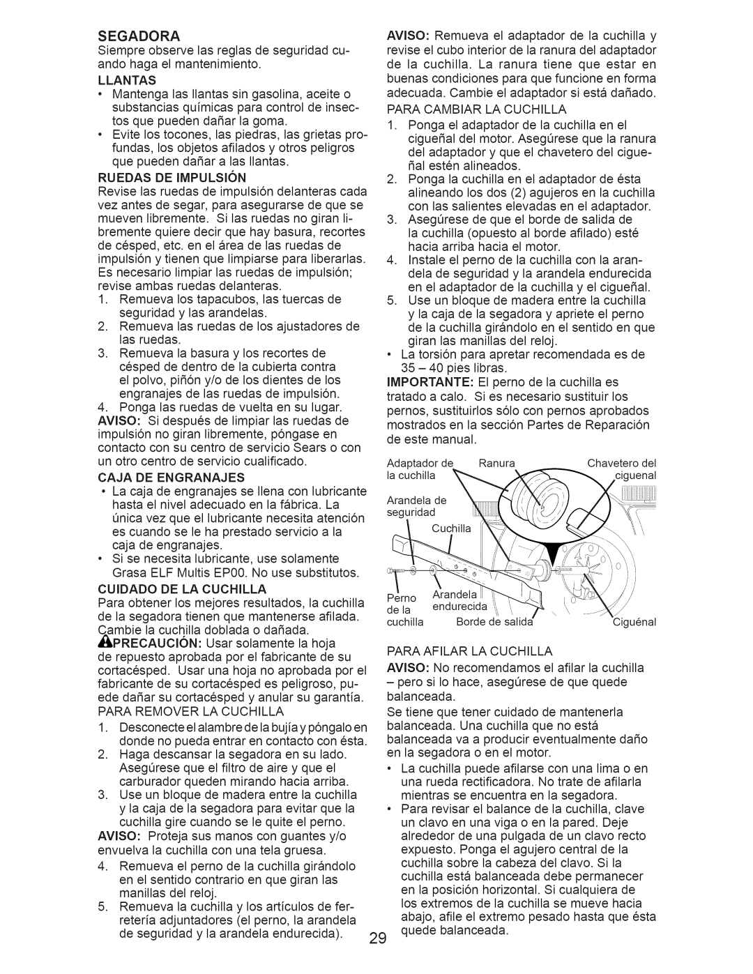 Craftsman 917.375010 owner manual Segadora 