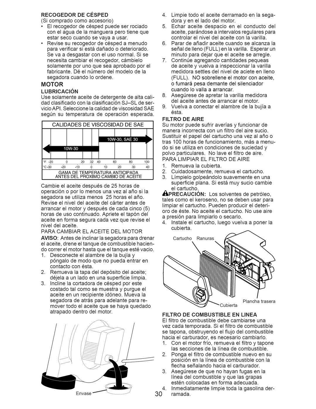 Craftsman 917.375010 owner manual Calidades DE Viscosidad DE SAE, Para Cambiar EL Aceite DEL Motor, Filtro DE Aire 