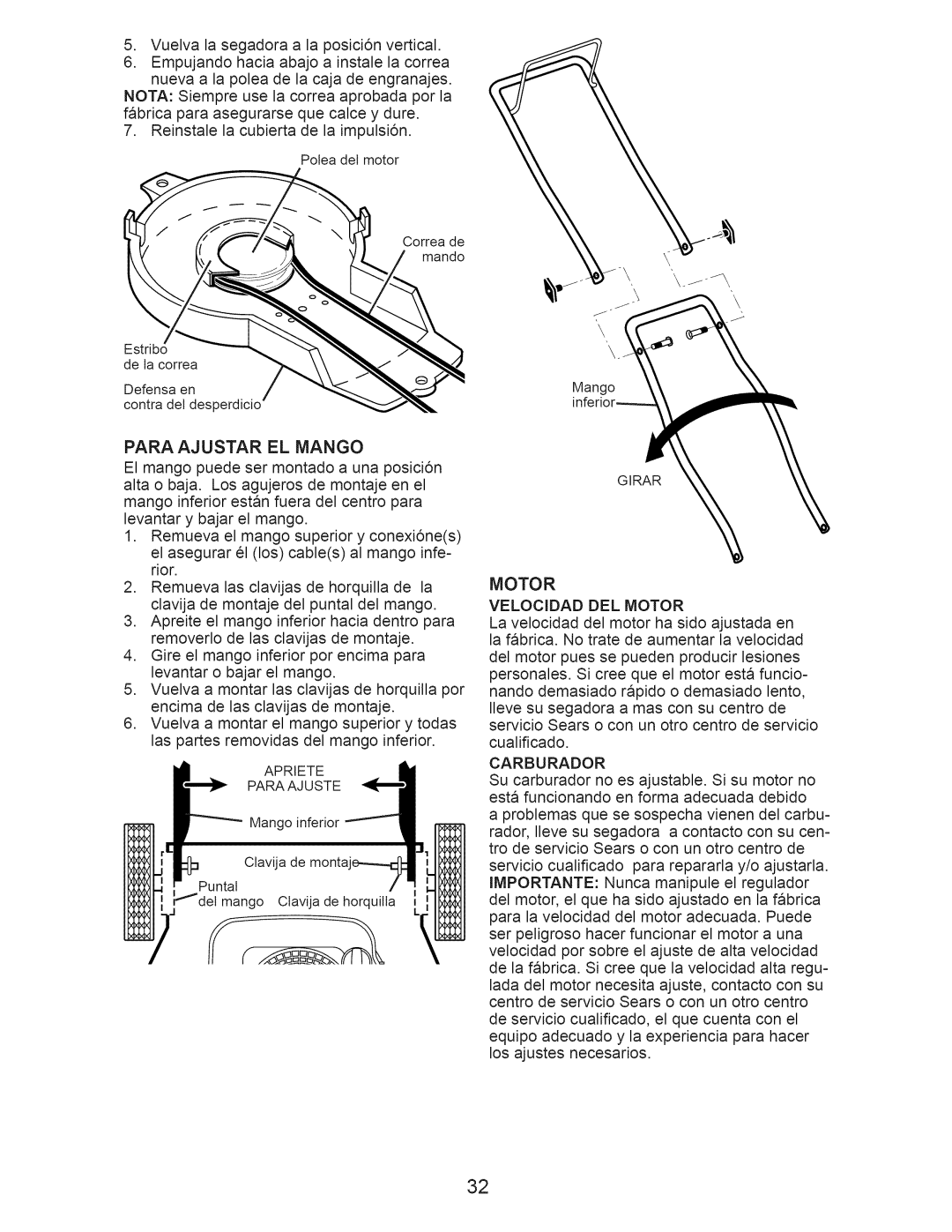 Craftsman 917.375010 owner manual Para Ajustar EL Mango, Velocidad DEL Motor, Carburador 