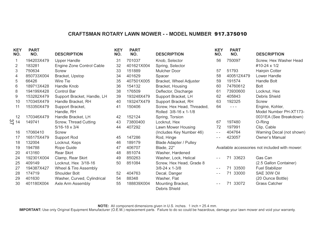 Craftsman 917.375010 owner manual Part, Description 