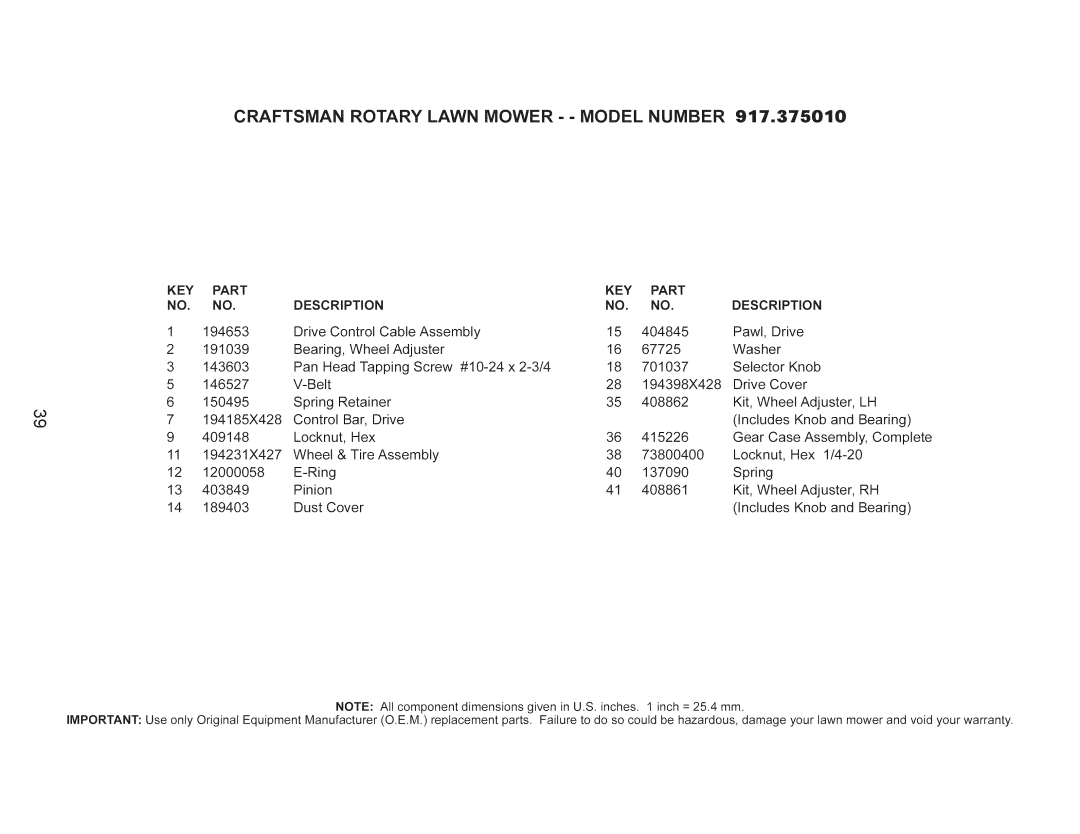 Craftsman 917.375010 owner manual KEY Part Description, DESCRiPTiON 