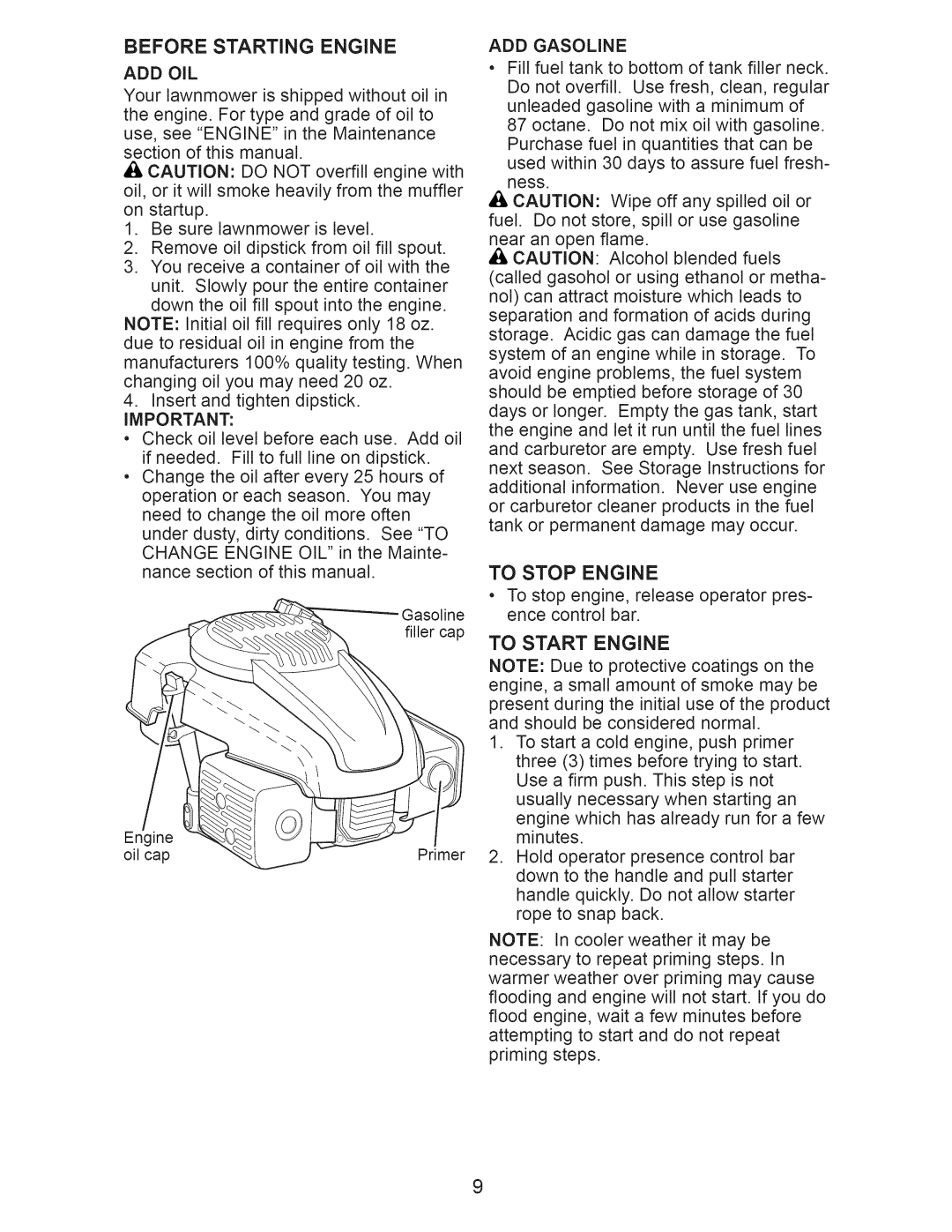 Craftsman 917.375010 owner manual Add Oil, ADD Gasoline, To Stop Engine, To Start Engine 