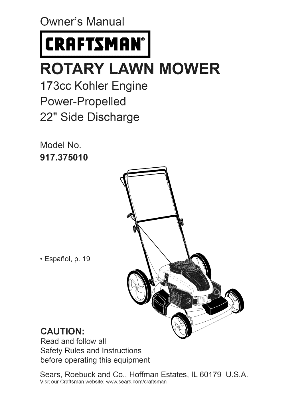Craftsman owner manual Model No 917.375010, Craftsman, Rotary Lawn Mower, Owners Manual, Side Discharge 