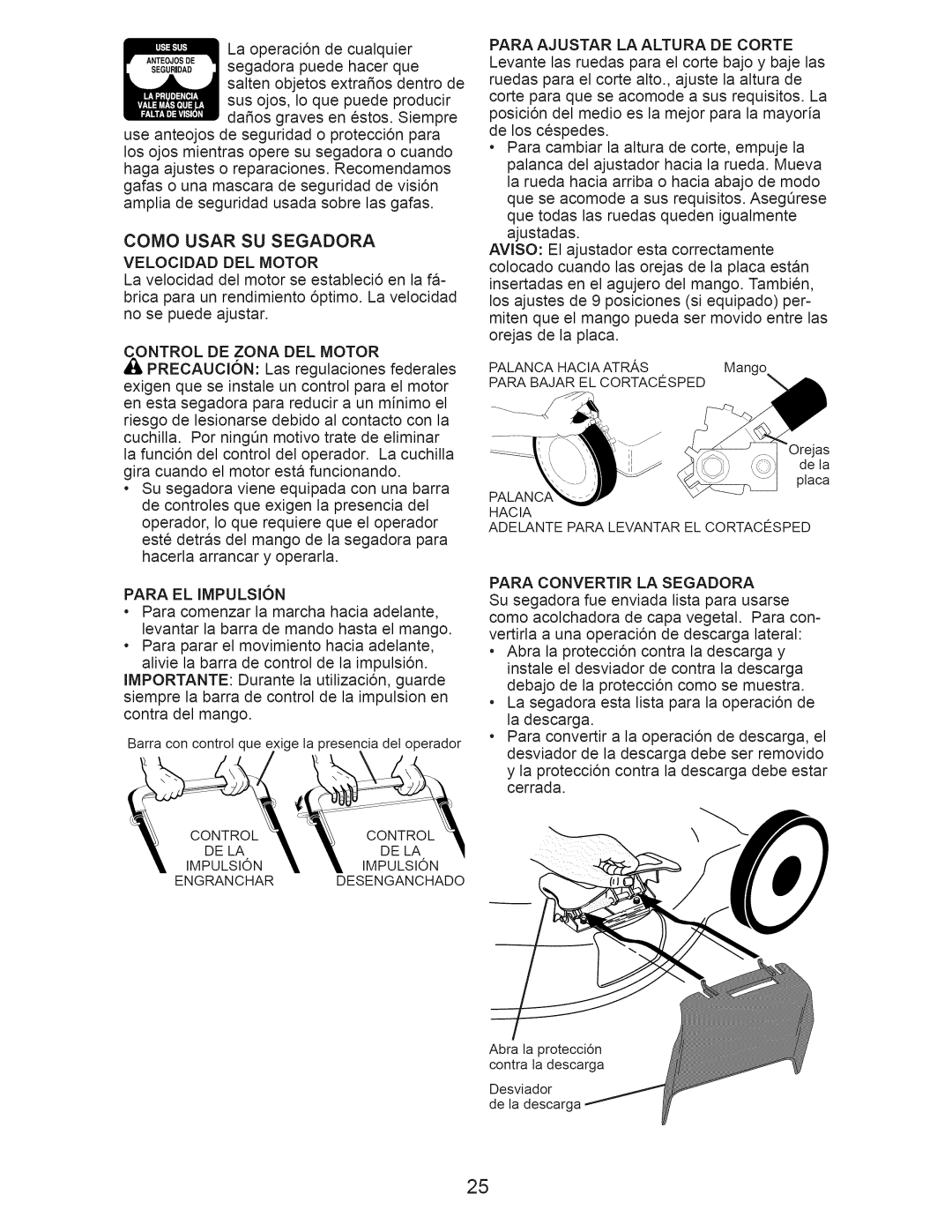 Craftsman 917.375010 owner manual Como Usar Su Segadora, Velocidad Del Motor 