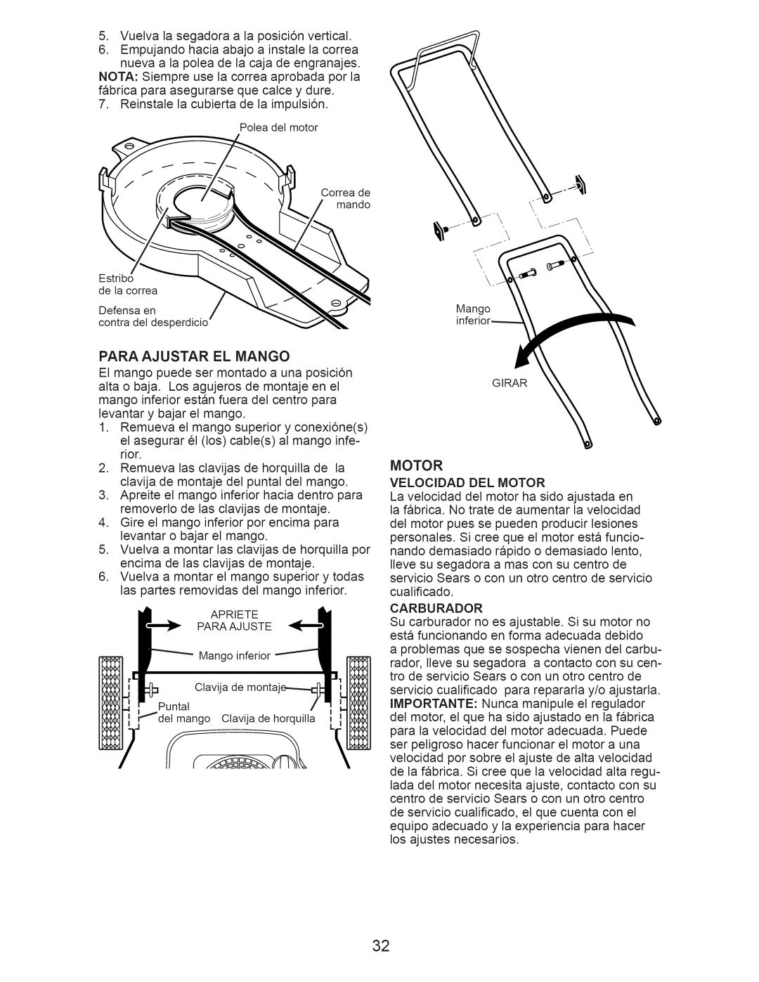 Craftsman 917.375010 owner manual Para Ajustar El Mango, Motor 
