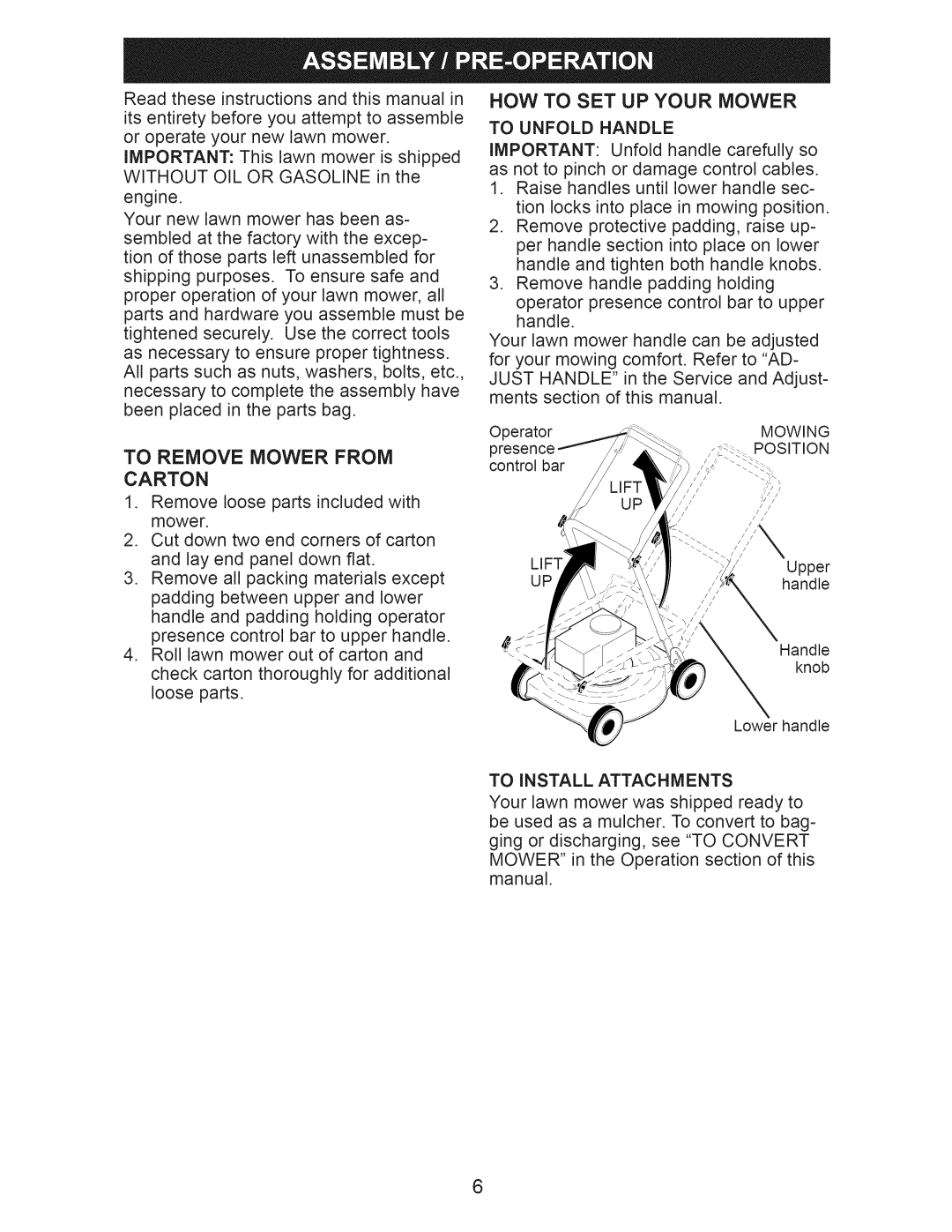 Craftsman 917.375010 owner manual To Remove Mower From Carton, Now To Set Up Your Mower 