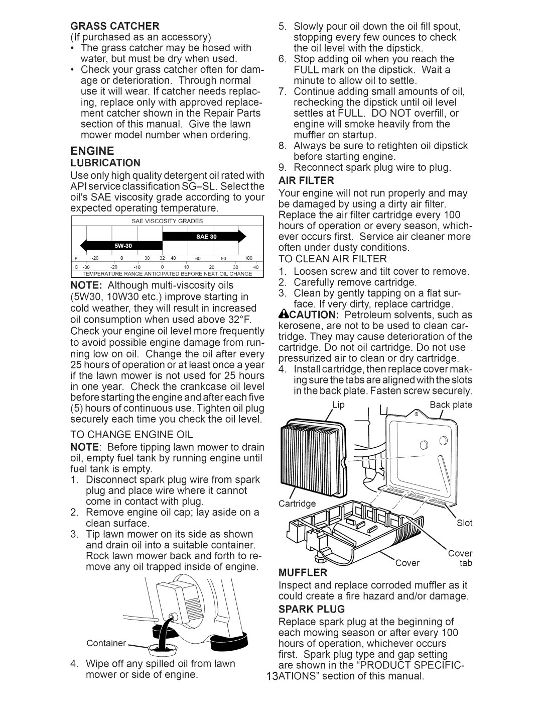 Craftsman 917.375011 owner manual To Change Engine OIL, To Clean AIR Filter, Spark Plug 