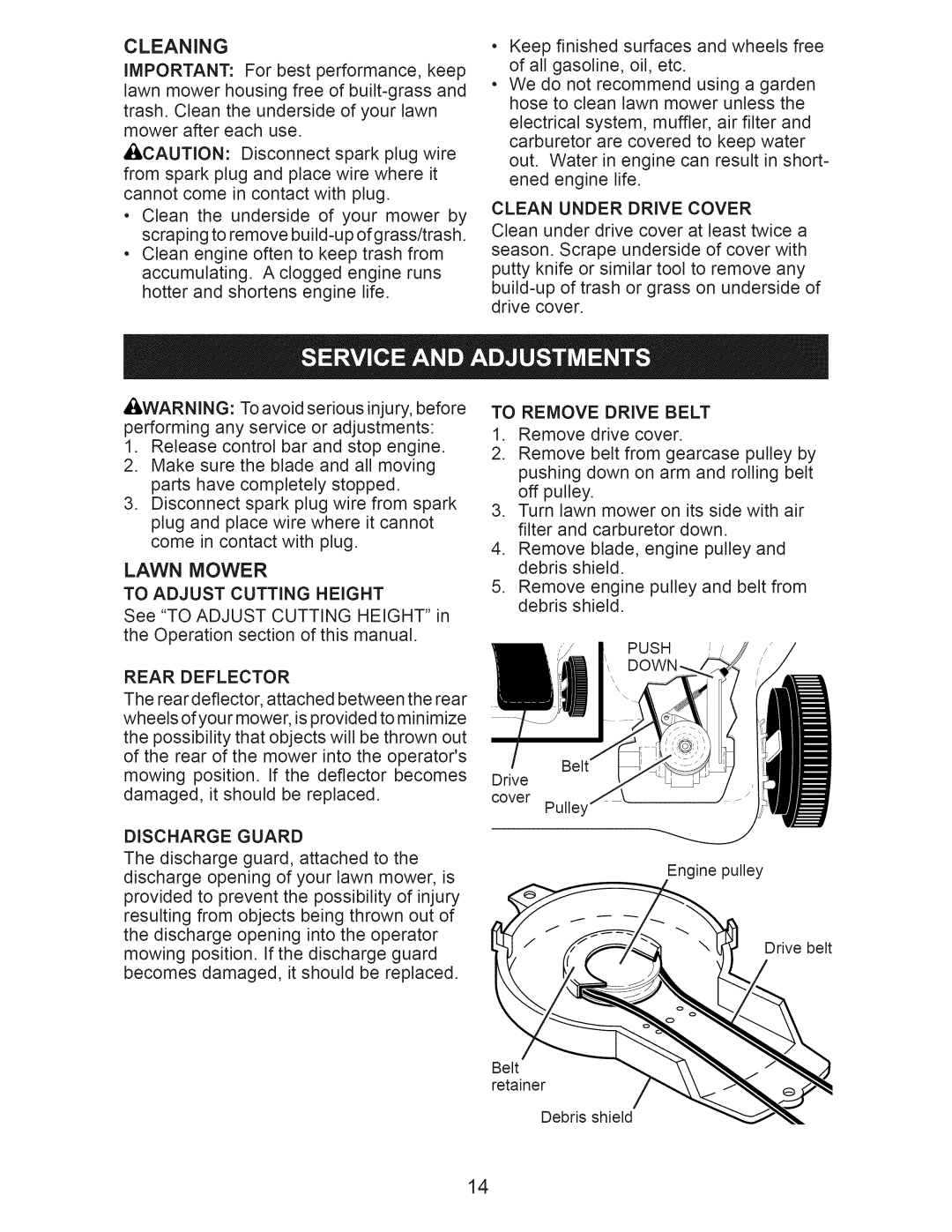 Craftsman 917.375011 Lawn Mower, Rear Deflector, Discharge Guard, Clean Under Drive Cover, To Remove Drive Belt 