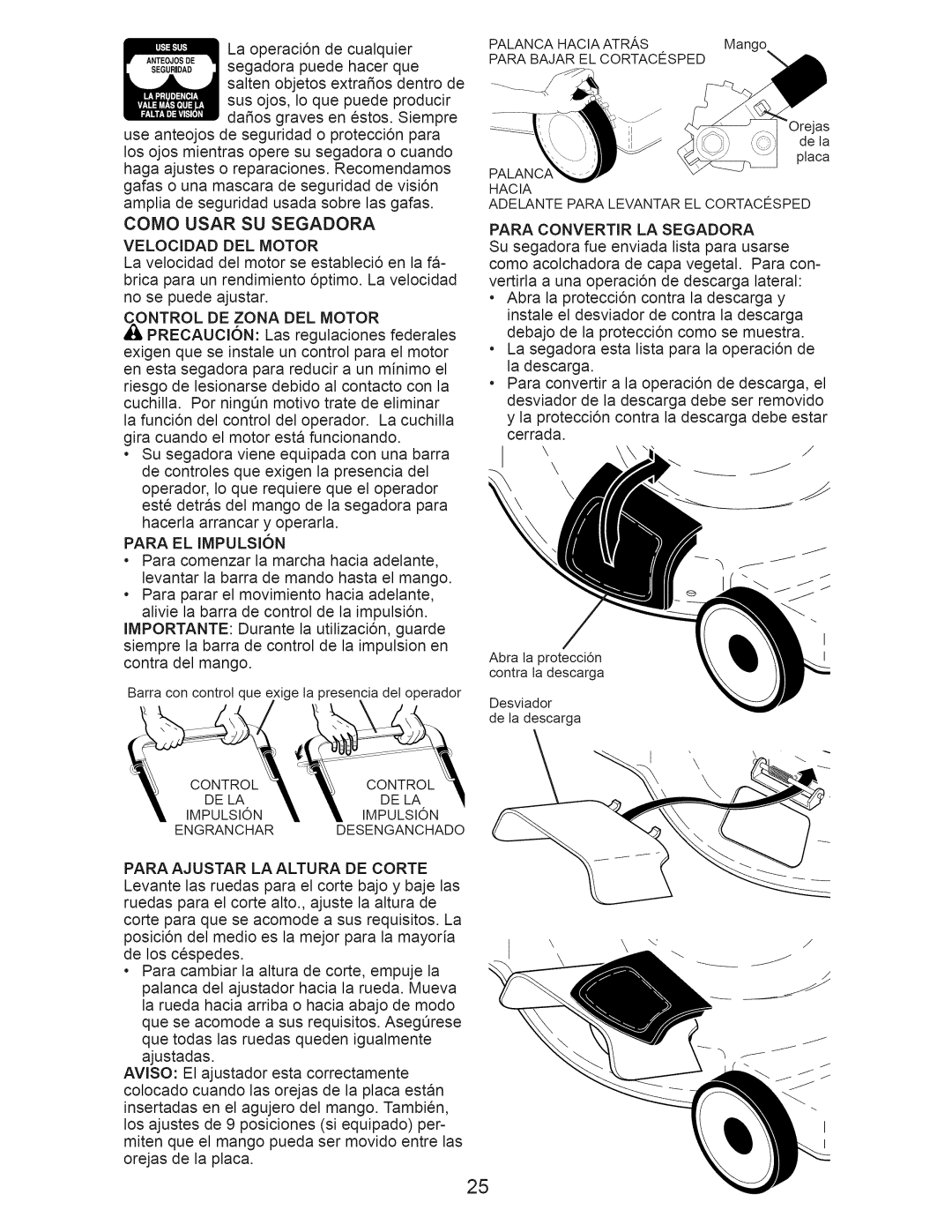 Craftsman 917.375011 owner manual Como Usar SU Segadora, Velocidad DEL Motor, Para EL IMPULSI6N, Para Convertir LA Segadora 