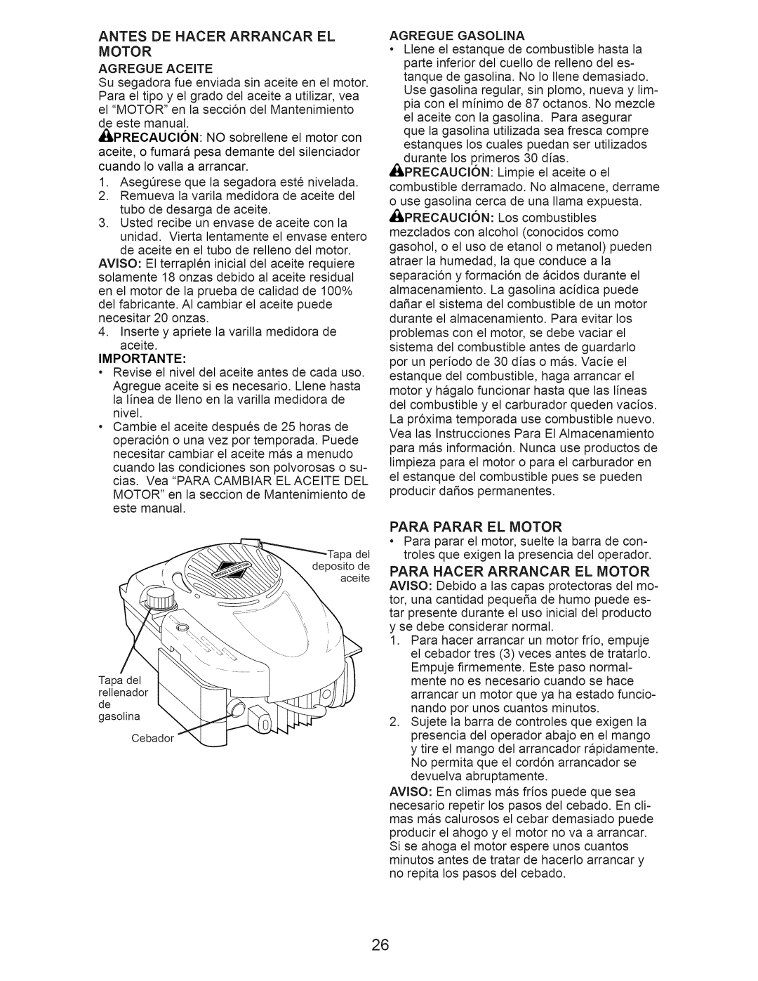 Craftsman 917.375011 owner manual Antes DE Hacer Arrancar EL, Para Parar EL Motor, Importante 